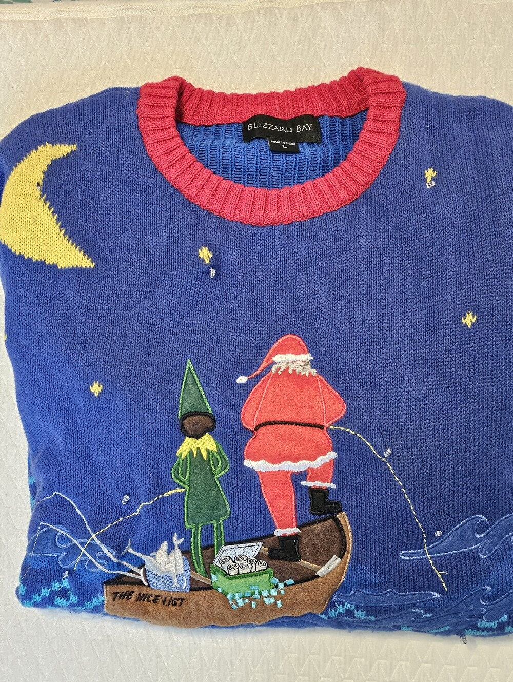 Blizzard Bay Light Up Ugly Christmas Sweater Mens Large Santa Elf Fishing Boat